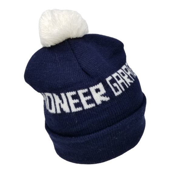 Vintage Beanie Knit Hat Pom Spellout Pioneer Garage Navy Blue White Fold Over OS - Picture 1 of 8